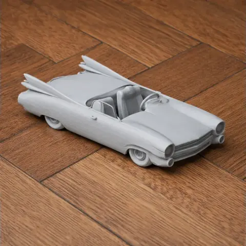 3D printed model of a 1959 Cadillac Eldorado, featuring iconic tailfins and detailed interior.