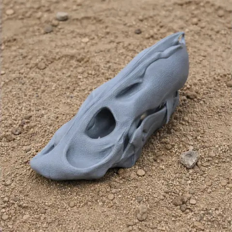 Gray 3D-printed Inostrancevia skull replica resting on sandy ground.