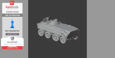 3D model of BTR-60 armored personnel carrier with detailed wheels and turret for 3D printing.