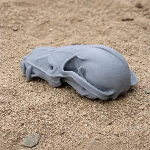 A 3D printed Jaekelopterus skull replica, gray, resting on sandy ground.