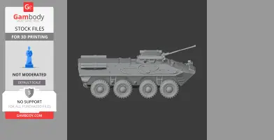 Side view of a detailed BTR-90 tank model with eight wheels for 3D printing.