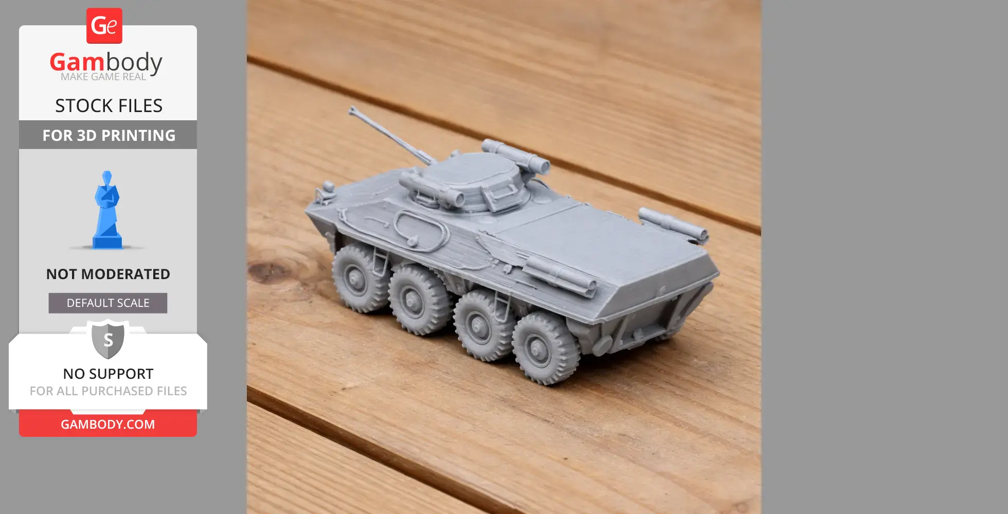 Gray 3D-printed BTR-90 tank model with six wheels, displayed on a wooden surface.