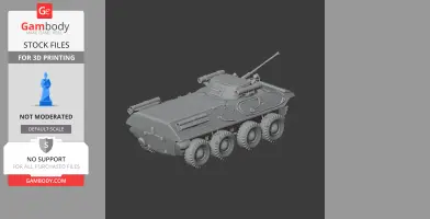 A detailed 3D model of a BTR-90 armored vehicle with eight wheels and a mounted cannon for printing.