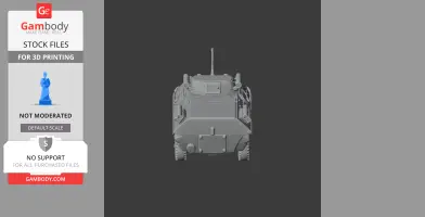 Front view of a 3D BTR-90 tank model, ready for printing, with detailed turret and wheels.