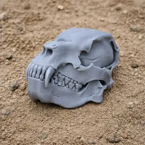 A detailed gray 3D-printed skull model with pronounced features, placed on a textured surface.