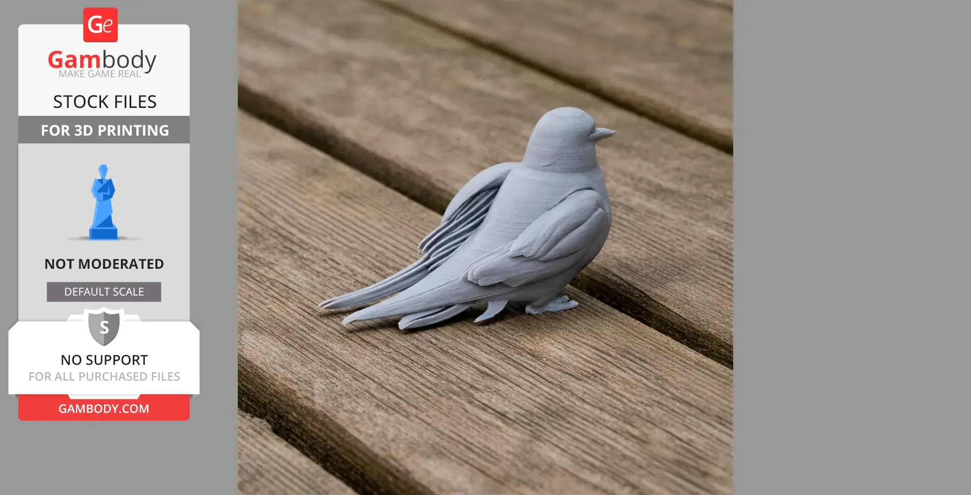 3D printed Arctic Tern model in gray, displayed on a wooden surface.