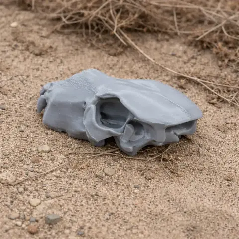 Gray 3D-printed Kodiak bear skull replica lying on sandy ground.