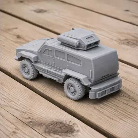 Armored personnel carrier 3D model with a robust and detailed design, set on a wooden surface.
