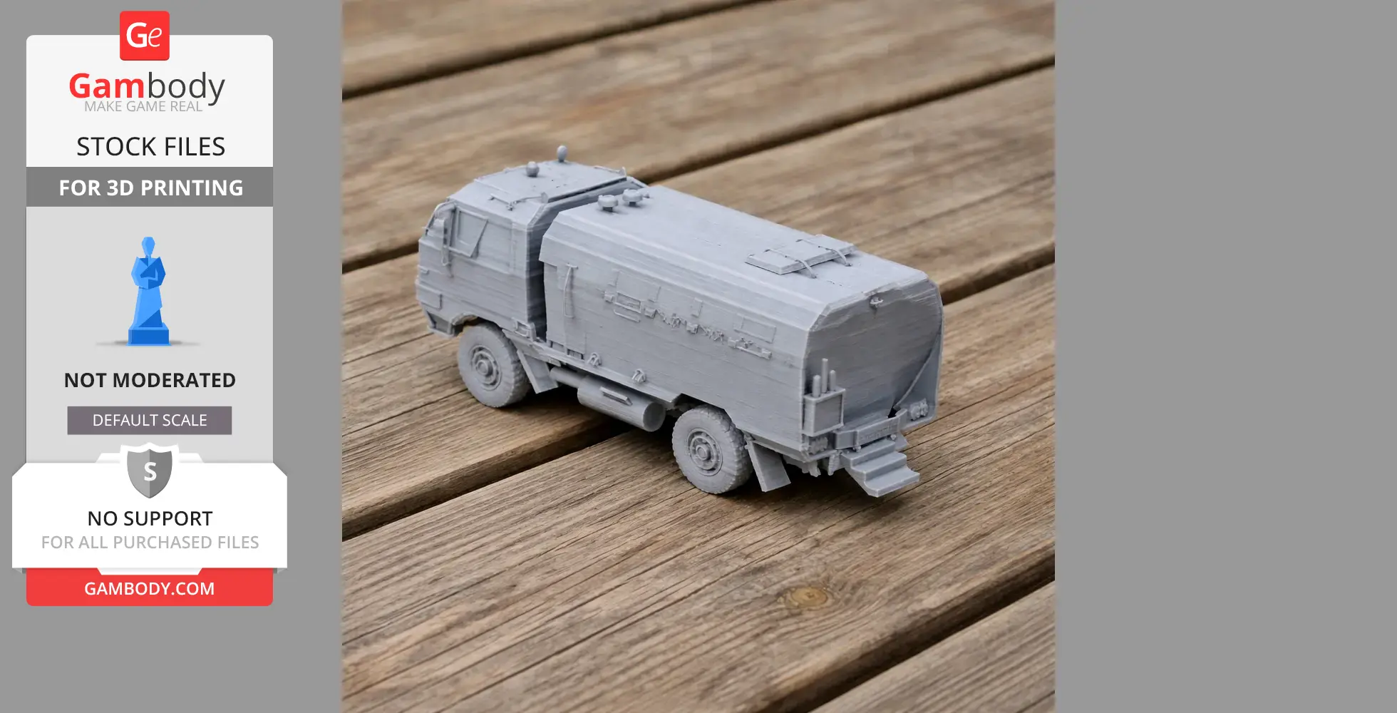 Gray 3D-printed model of a Burraq MRAP vehicle displayed on a wooden surface.