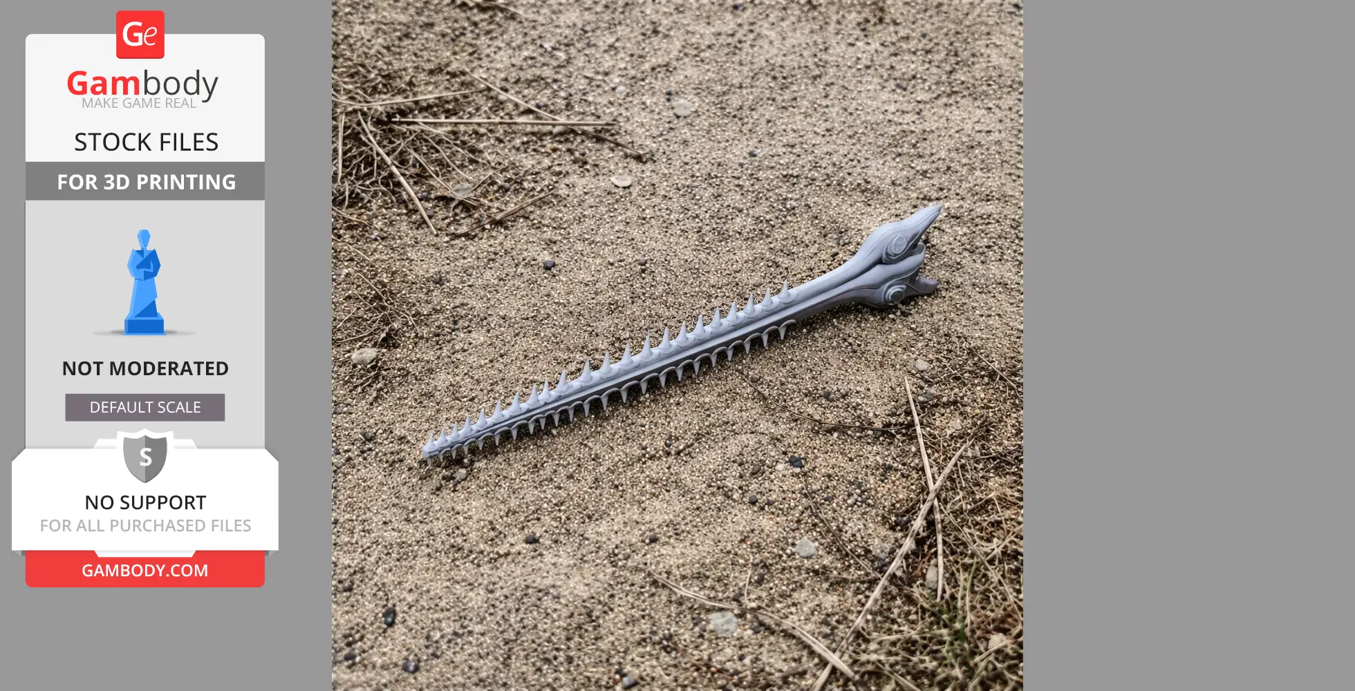 3D printed largetooth sawfish skull replica lying on sandy ground.