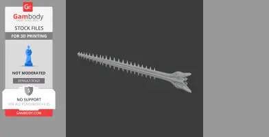 3D model of a largetooth sawfish skull replica with a long, spiked rostrum, viewed from the side.