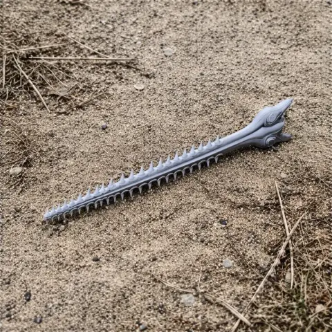 3D-printed largetooth sawfish skull replica on sandy ground.