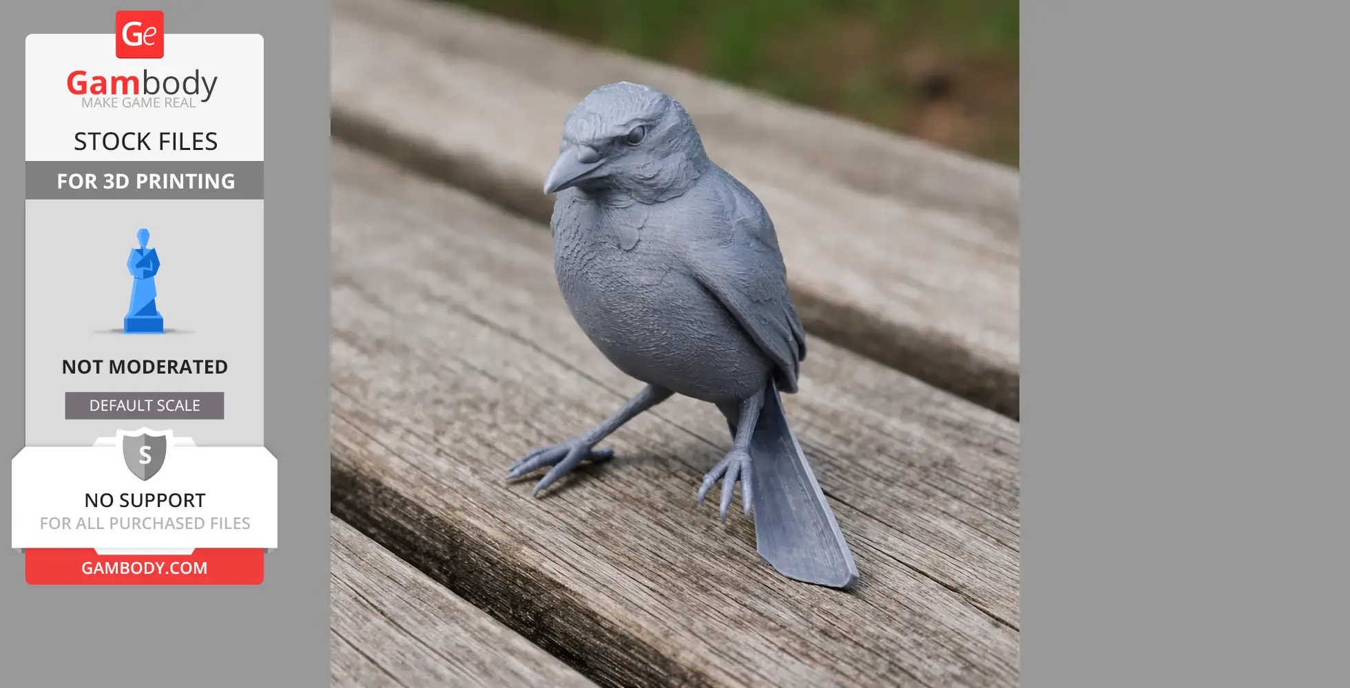 A detailed 3D printed bird model, grey in color, stands on a wooden surface.