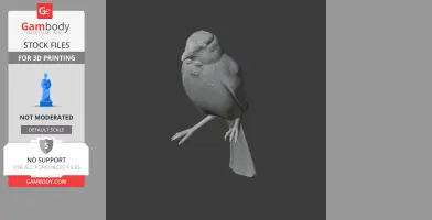 3D model of a bird with detailed features and texture, posed for 3D printing on a dark background.