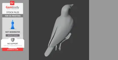 A 3D model of a bird perched, designed for 3D printing, shown in a grayscale render.