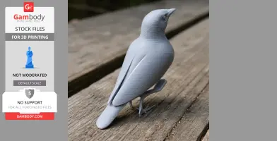 3D-printed model of a bird on a textured wooden surface.