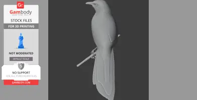 3D model of a bird perched on a stick, showcasing detailed feather texture.