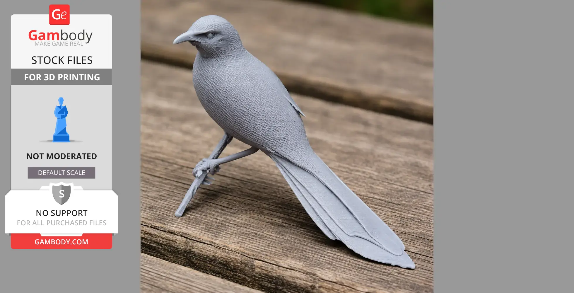 3D-printed arrow-marked babbler bird model, perched on a wooden surface.