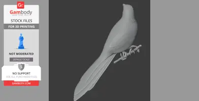 3D model of a bird perched on a branch, ideal for 3D printing.