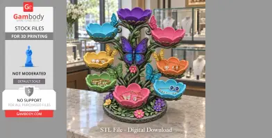 Colorful butterfly flower bowl organizer on display, featuring multiple tiers and intricate floral decorations.