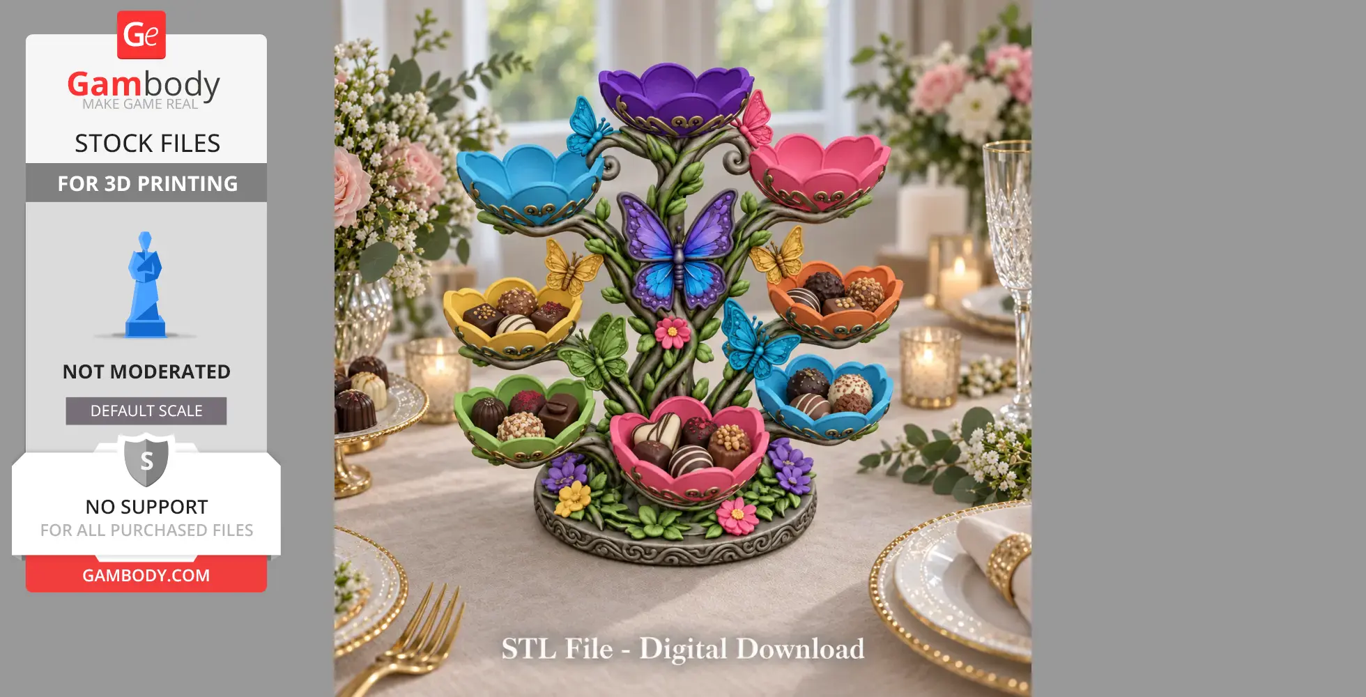 Colorful butterfly-themed flower bowl organizer with assorted chocolates, ready for 3D print.