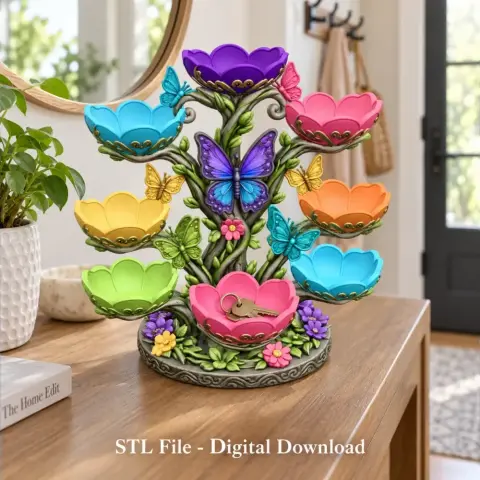 Multicolored flower bowl organizer with butterfly accents; decor item for 3D printing.