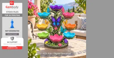 Colorful butterfly-themed bowl organizer with floral accents, designed for 3D printing.