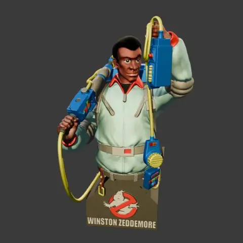 A 3D bust of Winston Zeddemore from Ghostbusters, holding ghost-hunting equipment.