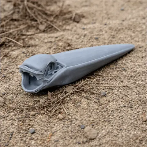 3D-printed marabou stork skull replica lying on sandy ground.