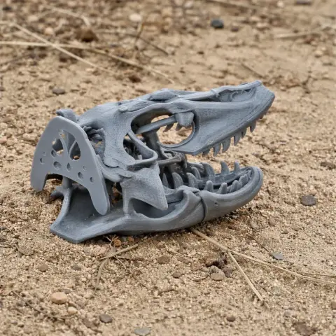 3D-printed Megalania skull replica placed on a sandy surface.