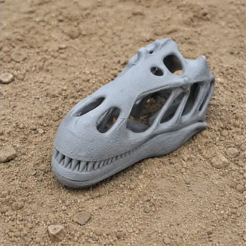 3D-printed gray Megalosaurus skull replica resting on sandy ground.
