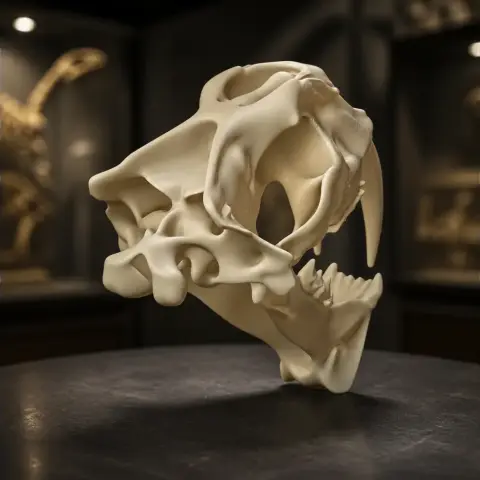 Digital 3D model of a Megantereon saber-tooth skull displayed on a dark surface.