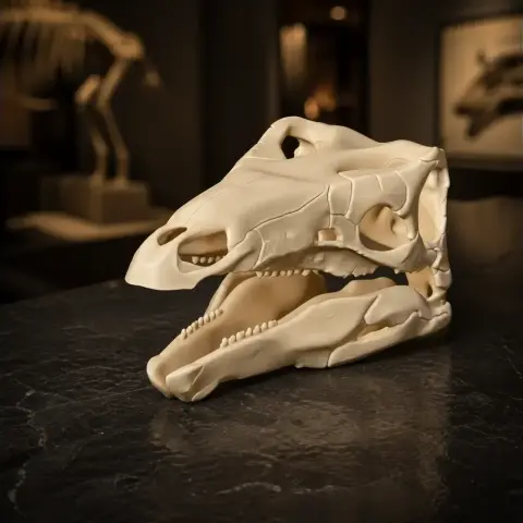 A detailed 3D-printed Miragaia dinosaur skull replica displayed on a dark surface.