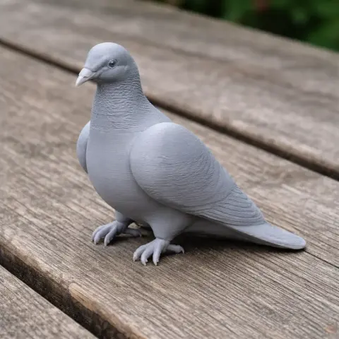 Grey 3D-printed model of a prehistoric pigeon, sitting on a wooden surface.