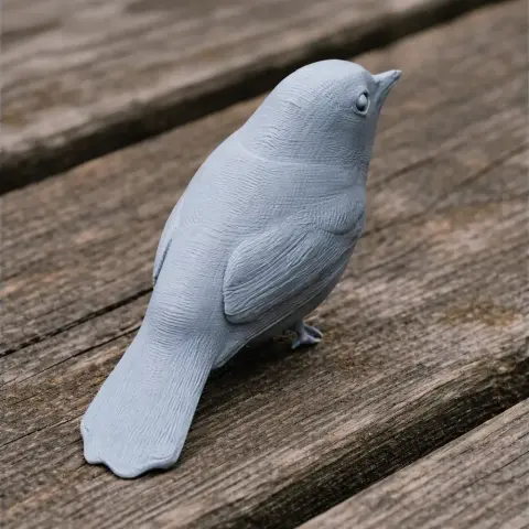 3D printed bird model with fine feather details, perched on a wooden surface.