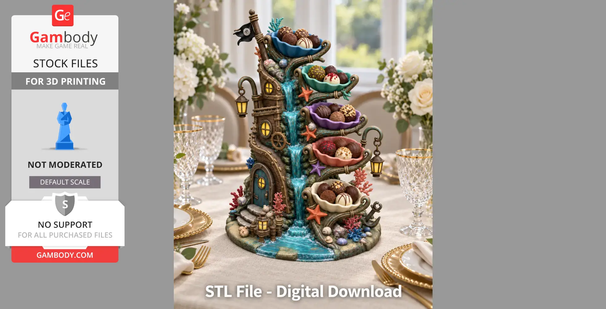 A whimsical shell bowl organizer with cascading water, nautical decor, and filled with chocolates.