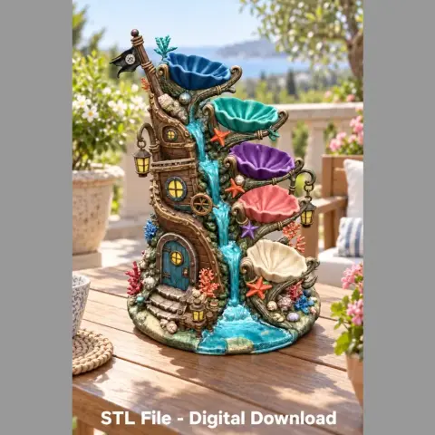 Whimsical shipwreck shell bowl organizer with colorful shells and nautical details on a sunny patio.
