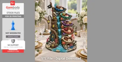 A whimsical shell bowl organizer with cascading water, nautical decor, and filled with chocolates.