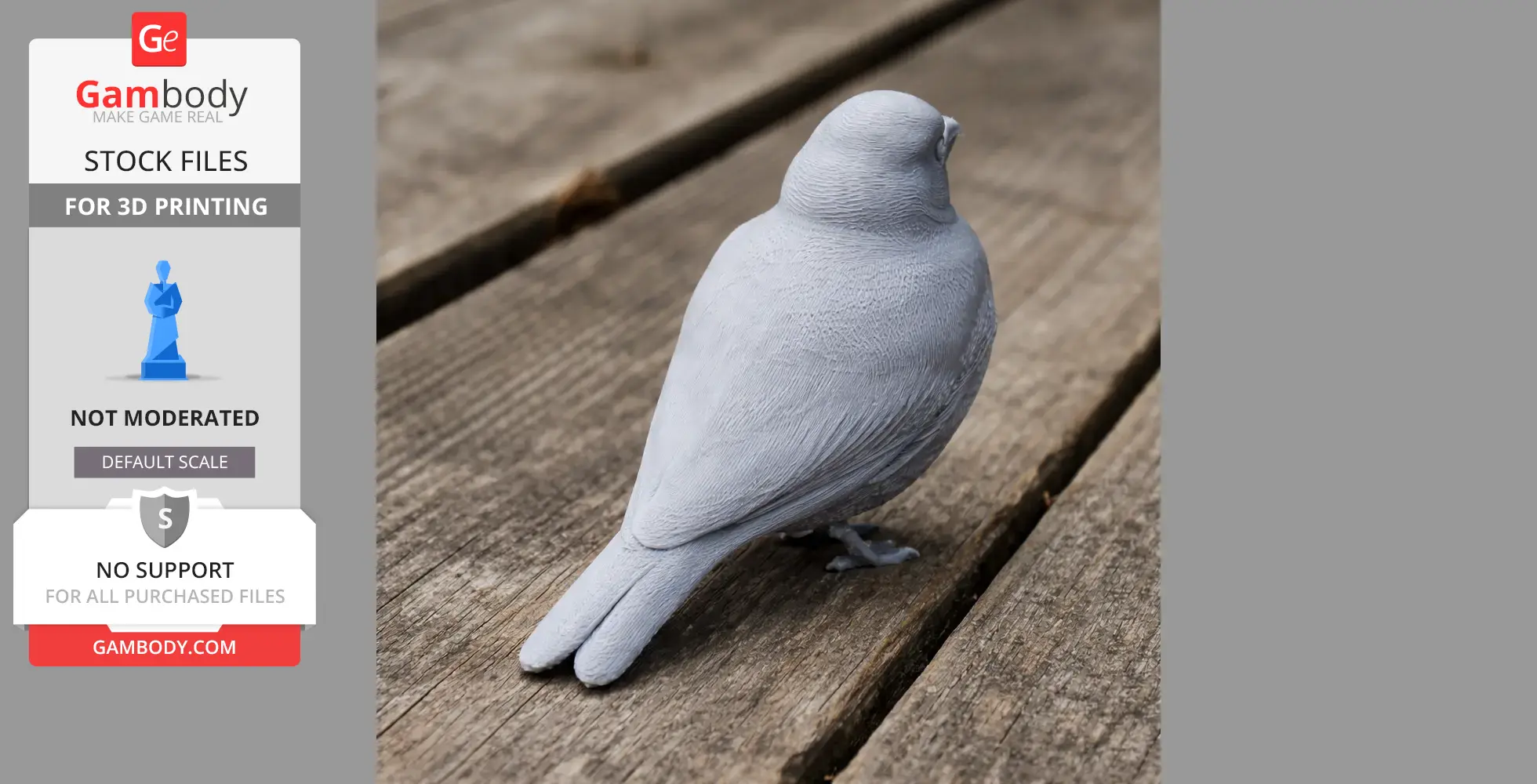 A gray, detailed 3D printed model of a bird on wooden planks, facing left.