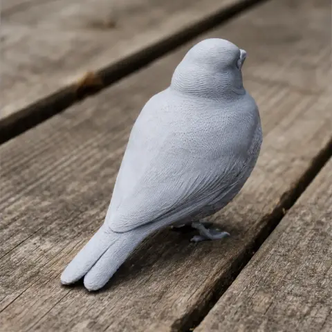 3D-printed bird model resembling an ashy-crowned sparrow-lark, set on a wooden surface.