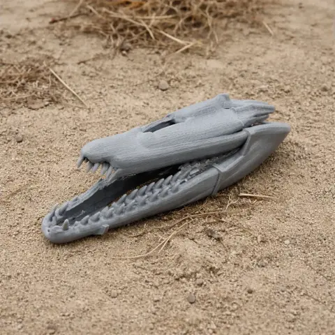 3D-printed Mosasaurus skull replica laying on sandy ground.