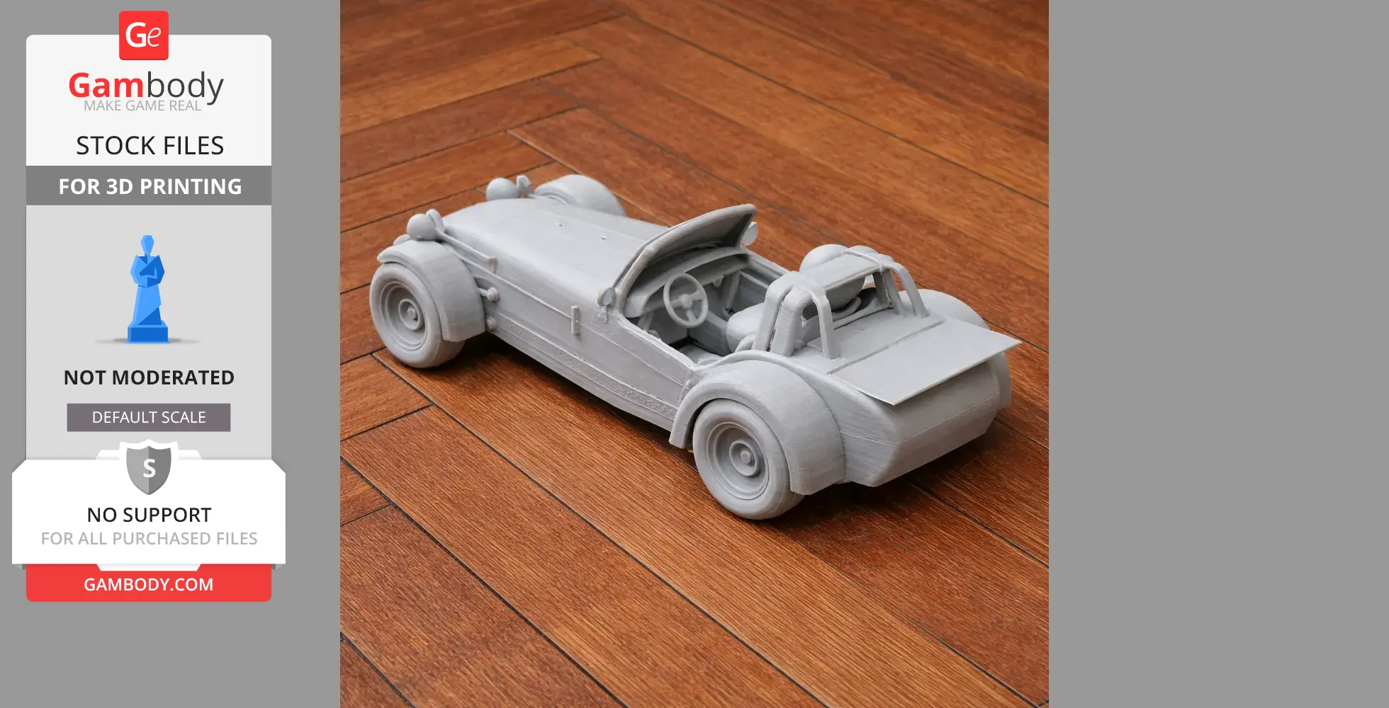 3D printed model of a Caterham Seven car on a wooden floor.