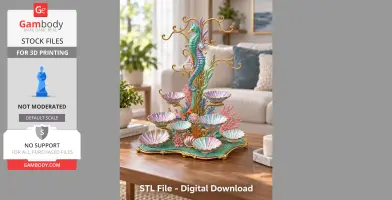 Intricate seahorse-themed organizer with coral details and shell bowls, designed for 3D printing.