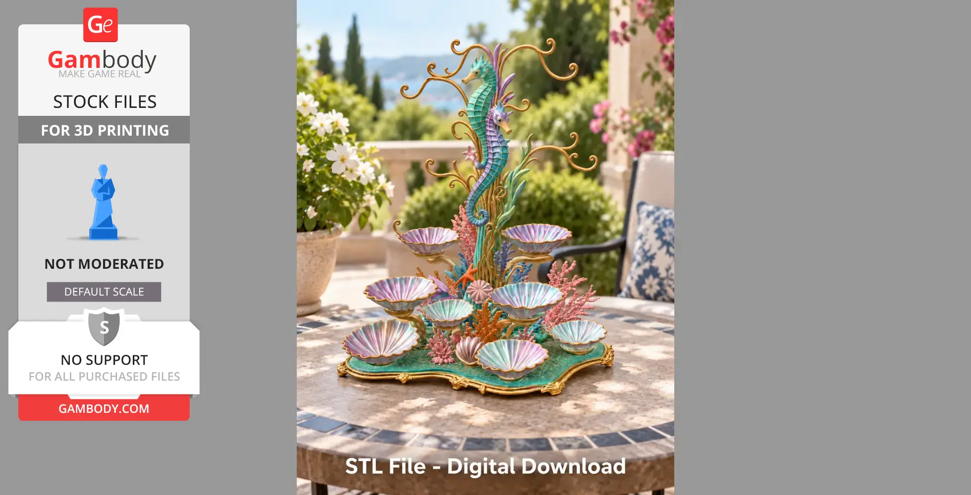 Elegant seahorse-themed organizer with shell-shaped bowls and coral details, set on a decorative base.