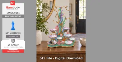 Seahorse and coral-themed bowl organizer with colorful shell-shaped compartments on a decorative base.