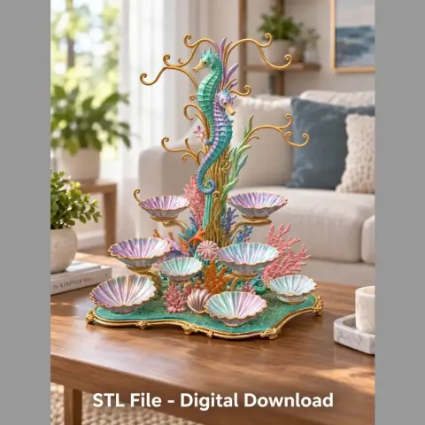 Intricate seahorse and coral bowl organizer with shell accents for 3D printing.