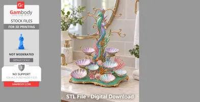 Intricately detailed seahorse stand with coral, featuring shell bowls for organizing items.