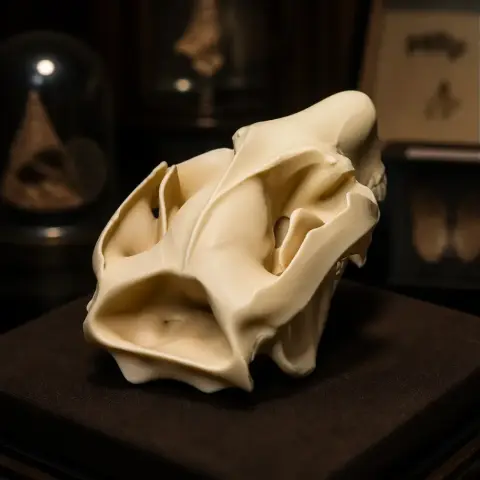 A 3D printed model of a Mountain Brushtail Possum skull displayed on a dark surface.
