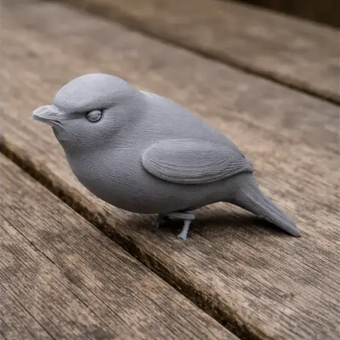 Gray 3D-printed model of a small bird, resembling an ashy-headed tyrannulet, on wooden surface.