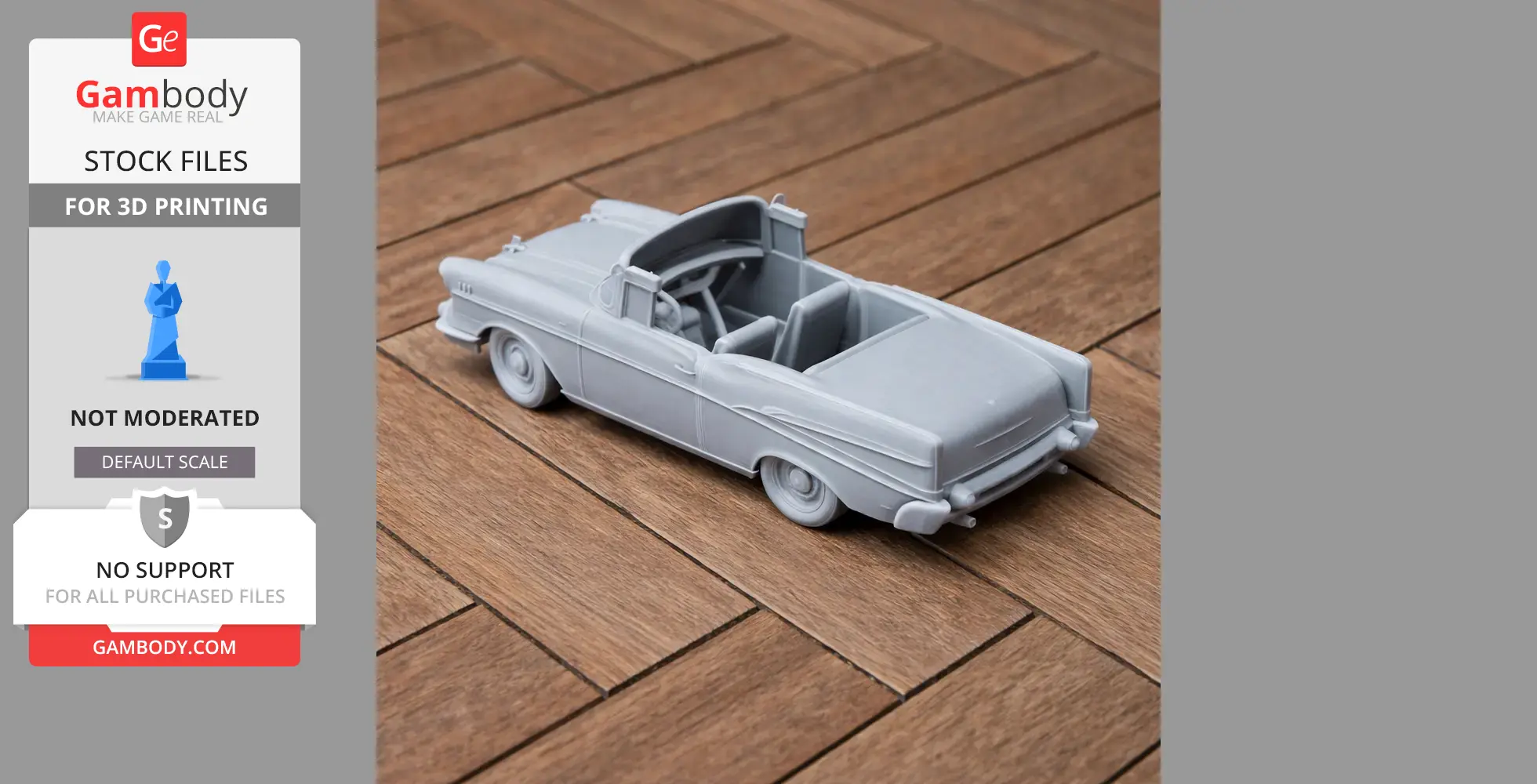 3D-printed model of a 1957 Chevrolet Bel Air convertible on a wooden floor.